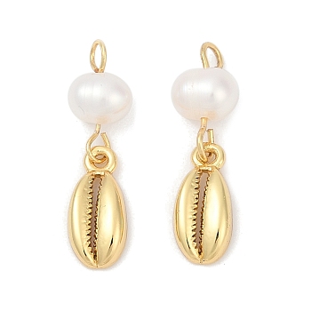 Natural Cultured Freshwater Pearl & Brass Pendants, Conch Charms, Rack Plating, Cadmium Free & Lead Free, Long-Lasting Plated, Real 18K Gold Plated, 23.5x6.5x5.5mm, Hole: 2mm