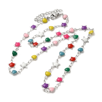 304 Stainless Steel Star & Heart Link Chain Necklace, with Enamel, Colorful, 17.52 inch(44.5cm)