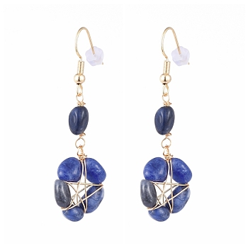 Wire Wrapped Natural Lapis Lazuli Dangle Earrings, with Brass Earring Hooks and Plastic Ear Nuts, Star, 53mm, Pin: 0.8mm