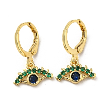 Real 18K Gold Plated Brass Dangle Leverback Earrings, with Glass, Evil Eye, Green, 21.5x13mm