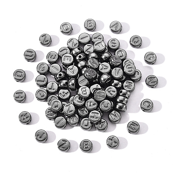 CCB Plastic Beads, Flat Round with Random Mixed Letters, Gunmetal, 7x4mm, Hole: 1.4mm, about 100pcs/bag