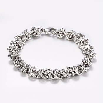 304 Stainless Steel Byzantine Chain Bracelets, with Lobster Claw Clasps, Stainless Steel Color, 8-1/4 inch(210mm), 11x8mm
