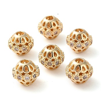 Rack Plating Brass Micro Pave Cubic Zirconia Beads, Long-Lasting Plated, Round, Golden, 7x6mm, Hole: 1.8mm