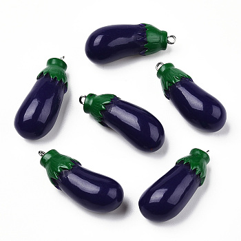 Opaque Resin Pendants, with Platinum Tone Iron Peg Bail, Eggplant, Indigo, 38x15x15mm, Hole: 2mm