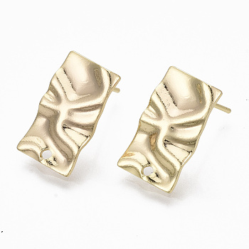 Brass Stud Earring Findings, with Loops, Nickel Free, Hammered, Rectangle, Real 18K Gold Plated, 17x9.5mm, Hole: 1.4mm, Pin: 0.7mm