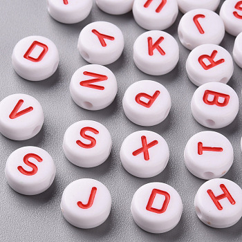 Opaque White Acrylic Beads, with Enamel, Horizontal Hole, Flat Round with Random Initial Letter, Red, 9.5x4.5mm, Hole: 2mm, 1580pcs/500g