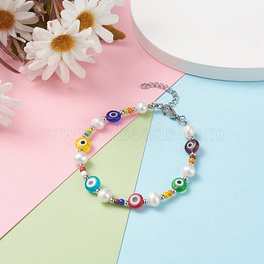 Natural Pearl & Evil Eye Protection Beaded Bracelet for Women(BJEW-TA00057)-2