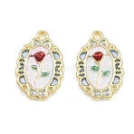 Alloy & Enamel & Resin Pendants, Oval Framed with Rose Flower Pattern Charms, Long-Lasting Plated, Rack Plating, Golden, 17x11.5x3mm, Hole: 1.5mm(RE-CBA415D-33G)