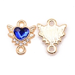 Zinc Alloy Links Connectors, with Rhinestone, Heart with Wing, Light Gold, Sapphire, 14x12x2.5mm, Hole: 1.6mm(PALLOY-TAC0026-02A)