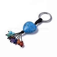 Synthetic Turquoise Heart with Mixed Gemstone Tassel Keychains, with 304 Stainless Steel Ring Clasps, 8.5~9cm(KEYC-P012-03P-02)