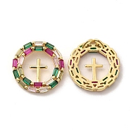 Brass Micro Pave Cubic Zirconia Pendants, Flat Round with Cross Charm, Golden, Religion, Colorful, 24x3.5mm, Hole: 2x3mm(KK-A180-14G-01)
