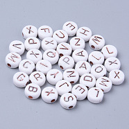 Opaque White Acrylic Beads, Metal Enlaced, Flat Round with Rose Gold Plated Random Letters, 7x3.5mm, Hole: 1.8mm, about 1480pcs/200g(MACR-SZ0001-11)