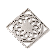 201 Stainless Steel Pendants, Laser Cut, Rhombus with Flower Charm, Stainless Steel Color, 25x25.5x1mm, Hole: 3x5mm(STAS-E217-31P)