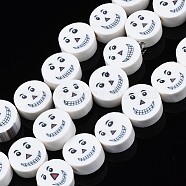 Handmade Polymer Clay Bead Strands, Halloween Style, Flat Round with Smiling Face, White, 9~10x4mm, Hole: 1.5mm, about 40pcs/strand, 14.17 inch(36cm)(CLAY-S096-038)