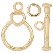 10 Sets Brass Toggle Clasps, with Jump Rings, Ring with Heart, Nickel Free, Real 18K Gold Plated, 27mm, Bar: 6x18x3mm, Hole: 2mm, Ring: 19x12x1mm, Hole: 2mm, Jump Ring: 5x1mm, 3mm inner diameter(KK-BBC0007-92)