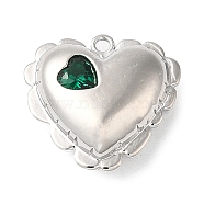 Brass Pendants, with Glass, Nickel Free, Heart Charms, Real Platinum Plated, Green, 15.5x16.5x6.5mm, Hole: 1.2mm(KK-C028-25P-04)