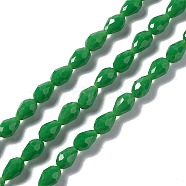 Faceted Glass Beads Strands, Teardrop, Green, 12x8~9mm, Hole: 1.2mm, about 57pcs/strand, 23.74''(60.3cm)(GLAA-E037-01A)