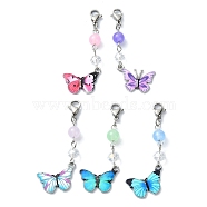 Printed Alloy Butterfly Pendant Decorations, Natural & Dyed Malaysia Jade and Lobster Claw Clasps Charm, Mixed Color, 54mm(HJEW-JM01678)