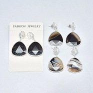Natural Stripe Agate Dangle Stud Earrings, with Brass Findings, Triangle, Faceted, Dyed & Heated, Silver Color Plated, 46~46.5mm, Pin: 0.6mm(EJEW-L228-06S)