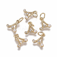 Brass Charms, with Cubic Zirconia and Shell Pearl Bead, Letter, Golden, Clear, Letter.A, 9.5~11x3.5~10.8x3~3.5mm, Hole: 3.5mm(KK-L179-08A-G)