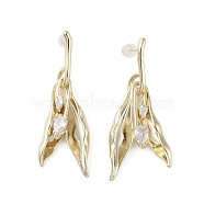 Brass Micro Pave Cubic Zirconia Stud Earrings, Flower, Golden, 57x23.5mm(EJEW-B046-05G)