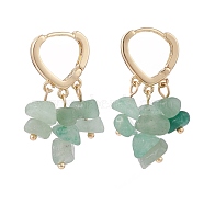 Natural Green Aventurine Chips Dangle Hoop Earrings, Brass Jewelry for Women, Golden, 35mm, Pin: 1mm(EJEW-JE04884-04)