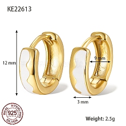 925 Sterling Silver Thick Hoop Earrings, with Enamel, for Women, Real 18K Gold Plated, White, 12x3mm(TA7225-3)