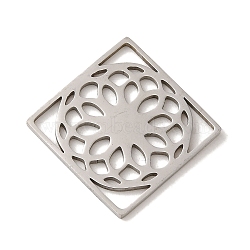 Non-Tarnish 201 Stainless Steel Pendants, Laser Cut, Rhombus with Flower Charm, Stainless Steel Color, 25x25.5x1mm, Hole: 3x5mm(STAS-E217-31P)