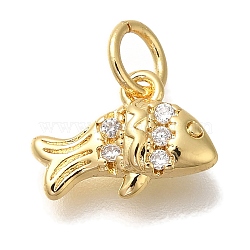 Rack Plating Brass Micro Pave Cubic Zirconia Charms, Cadmium Free & Lead Free, Long-Lasting Plated, Fish, Real 18K Gold Plated, 8x11.5x3.5mm, Hole: 3mm(KK-I720-10G)