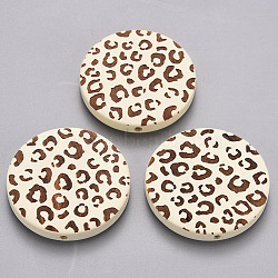 Painted Natural Wood Beads, Laser Engraved Pattern, Flat Round with Leopard Print, Creamy White, 30x5mm, Hole: 1.6mm(X-WOOD-N006-07E)