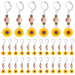 Elite 30Pcs Sunflower Resin Charm Stitch Marker with Glass Bead, with 304 Stainless Steel & Brass Findings, Gold, 55mm, Pin: 0.5mm(AJEW-PH0003-80)