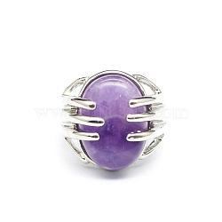 Oval Natural Amethyst Adjustable Rings, Palm Metal Jewely for Women, Inner Diameter: Adjustable(PW-WG2A004-06)