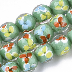 Handmade Lampwork Beads Strands, Inner Flower, Round, Lime Green, 12~13x10.5~12mm, Hole: 1.2mm, about 45pcs/Strand, 19.29  inch~19.69 inch(LAMP-T007-03D)