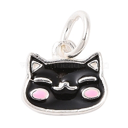 Cat Shape 925 Sterling Silver Charms, with Enamel and Jump Rings & S925 Stamp, Black, 8x9x1.3mm, Hole: 3.6mm(STER-F056-03S-02)