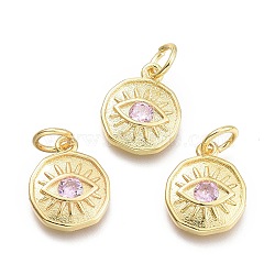 Brass Micro Pave Cubic Zirconia Pendants, with Jump Ring, Flat Round with Eye, Real 18K Gold Plated, Lavender Blush, 12x10x2mm, Jump Rings: 5x0.8mm, Inner Diameter: 3mm(KK-P187-17C-G)