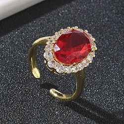 Brass Micro Pave Cubic Zirconia Cuff Open Rings for Women, Oval, with Glass, Long-Lasting Plated, Rack Plating, Real 18K Gold Plated, Red, 17mm(RJEW-L343-17G-06)