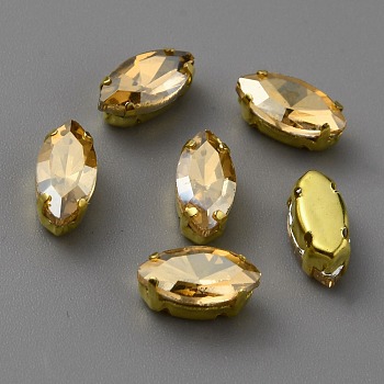 Sew on Rhinestone, Faceted Glass Rhinestone, Multi-Strand Links, with Golden Tone 304 Stainless Steel Settings, Horse Eye, Lt.Col.Topaz, 8x4x3.5mm, Hole: 0.6mm
