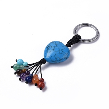 Synthetic Turquoise Heart with Mixed Gemstone Tassel Keychains, with 304 Stainless Steel Ring Clasps, 8.5~9cm