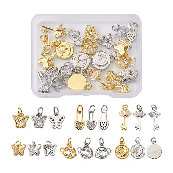24 Pcs 12 Styles Cubic Zirconia Pendants, with Brass Finding, Mixed Color, 2pcs/style