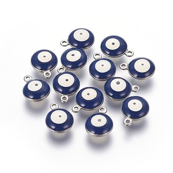 304 Stainless Steel Enamel Charms, Flat Round with Evil Eye, Stainless Steel Color, Midnight Blue, 13x10x5mm, Hole: 1.4mm