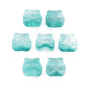 Two Tone Transparent Spray Painted Glass Beads, Chinese Zodiac Signs Tiger, Dark Turquoise, 11.5x12x8mm, Hole: 1mm