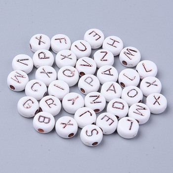 Opaque White Acrylic Beads, Metal Enlaced, Flat Round with Rose Gold Plated Random Letters, 7x3.5mm, Hole: 1.8mm, about 1480pcs/200g