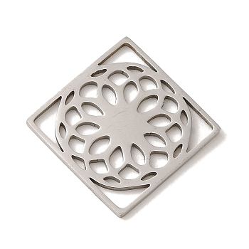 201 Stainless Steel Pendants, Laser Cut, Rhombus with Flower Charm, Stainless Steel Color, 25x25.5x1mm, Hole: 3x5mm