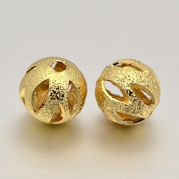Brass Textured Beads, Hollow Round, Golden, 8mm, Hole: 1mm