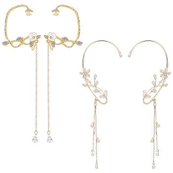 4Pcs 4 Style Crystal Rhinestone Flower Cuff Earrings with Enamel, Alloy Chain Tassel Climber Wrap Around Earrings for Women, Golden, 108~155mm, 1Pc/style