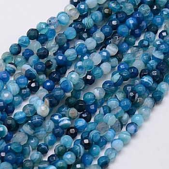 Natural Striped Agate/Banded Agate Beads Strands, Faceted, Dyed, Round, Marine Blue, 4mm, Hole: 0.5mm, about 91~93pcs/strand, 15 inch