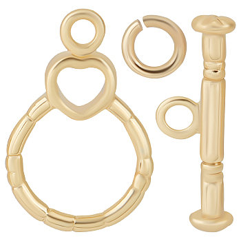 10 Sets Brass Toggle Clasps, with Jump Rings, Ring with Heart, Nickel Free, Real 18K Gold Plated, 27mm, Bar: 6x18x3mm, Hole: 2mm, Ring: 19x12x1mm, Hole: 2mm, Jump Ring: 5x1mm, 3mm inner diameter