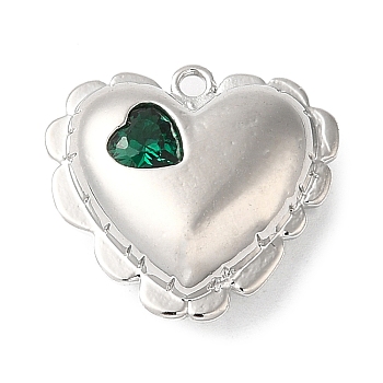 Brass Pendants, with Glass, Nickel Free, Heart Charms, Real Platinum Plated, Green, 15.5x16.5x6.5mm, Hole: 1.2mm
