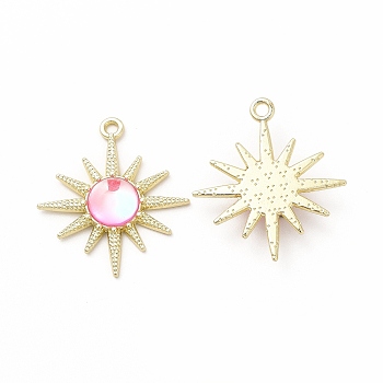 Rack Plating Alloy Pendants, Sun Charms, with Resin, Light Gold, Cadmium Free & Nickel Free & Lead Free, Pearl Pink, 28x25x5mm, Hole: 1.8mm
