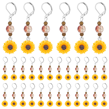 Elite 30Pcs Sunflower Resin Charm Stitch Marker with Glass Bead, with 304 Stainless Steel & Brass Findings, Gold, 55mm, Pin: 0.5mm
